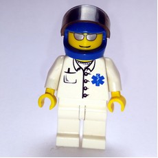 Doctor, White Shirt with Star of Life Logo, Blue Helmet with Visor, Silver Sunglasses (fig-008173)