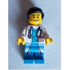 Doctor, White Lab Coat over Dark Azure Scrubs with ID Badge and Stethoscope, Black Hair (fig-008180)
