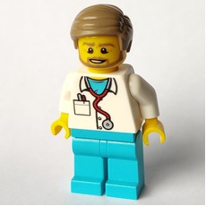 Doctor Tuck, White Shirt over Medium Azure Scrubs with Stethoscope and Pocket, Dark Tan Hair, Beard (fig-008185)