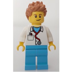 Doctor Mack, White Shirt over Medium Azure Scrubs with Stethoscope and Pocket, Medium Nougat Hair (fig-008186)