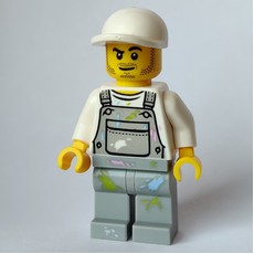 Man, Light Bluish Gray Overalls with Paint Stains, White Cap, Stubble (fig-008191)