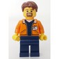 Man, Open Orange Jacket over Dark Blue Shirt, Reddish Brown Hair, Goatee Beard