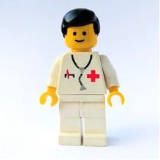 Doctor, White Torso with Stethoscope and Red Cross, White Legs, Black Hair (fig-008212)