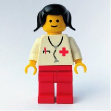 Doctor, Woman, White Torso with Stethoscope and Red Cross, Red Legs, Black Hair (3626a Head) (fig-008214)