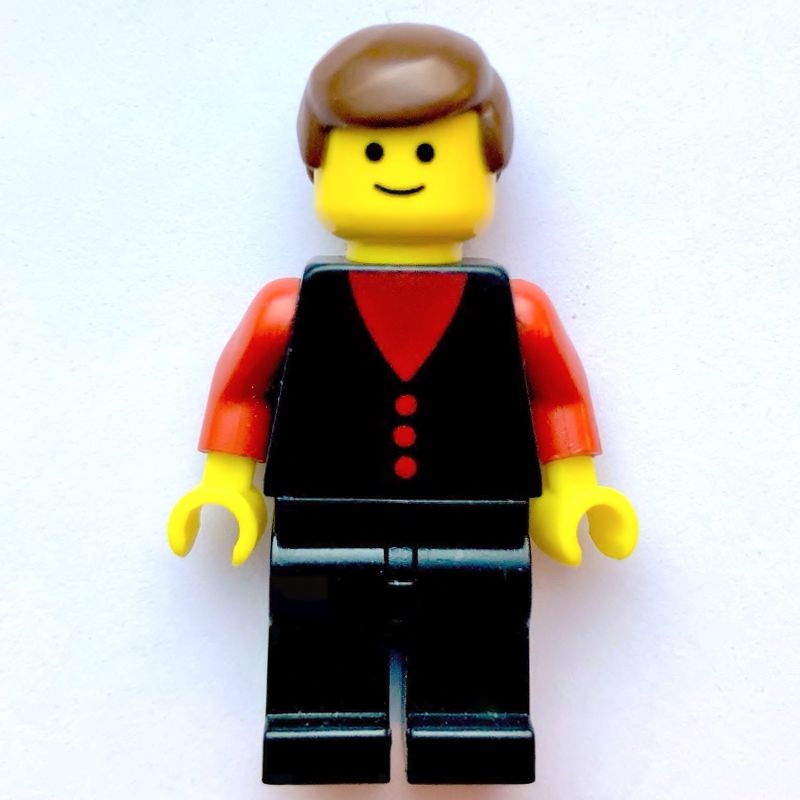 LEGO Set fig-008215 Man, Black Vest over Red Shirt, Black Legs 
