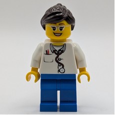 Doctor, Woman, White Shirt with Pocket and Stethoscope, Blue Legs, Dark Brown Hair, Glasses (fig-008223)
