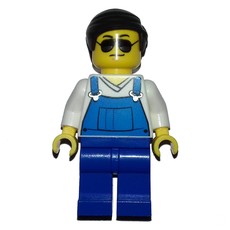 Man, Blue Overalls over White V-Neck Shirt, Dark Brown Hair, Sunglasses (fig-008226)