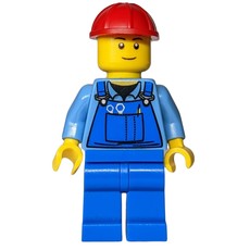 Construction Worker, Blue Overalls over Medium Blue Shirt, Red Hard Hat (fig-008241)