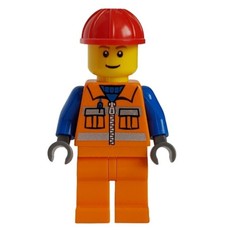 Construction Worker, Orange Safety Vest with Zipper and Pockets, Orange Legs, Red Hard Hat (fig-008244)