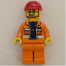 Construction Worker, Open Orange Jacket over Blue Shirt with Tie, Red Hard Hat, Beard and Glasses (fig-008245)