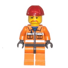 Construction Worker, Orange Jacket with Zipper and Reflective Stripes, Orange Legs, Red Hard Hat, Moustache (fig-008265)