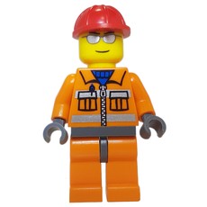 Construction Worker, Orange Jacket with Zipper and Reflective Stripes, Orange Legs, Red Hard Hat, Silver Sunglasses (fig-008266)