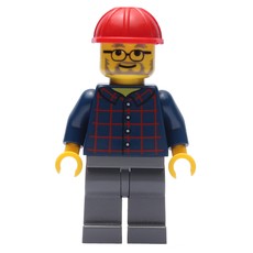 Man, Dark Blue Plaid Shirt, Dark Bluish Gray Legs, Red Hard Hat, Beard and Glasses (fig-008267)