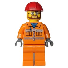 Construction Worker, Orange Jacket with Zipper and Reflective Stripes, Orange Legs, Red Hard Hat, Beard and Glasses (fig-008268)