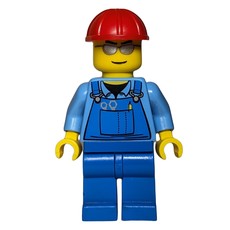 Construction Worker, Blue Overalls over Medium Blue Shirt, Red Hard Hat, Silver Sunglasses (fig-008269)