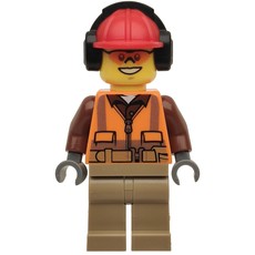 Construction Worker Rob, Orange Safety Vest with Zipper over Reddish Brown Shirt, Dark Tan Legs, Red Hard Hat with Ear Defenders, Orange Safety Glasses (fig-008271)