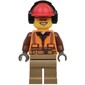 Construction Worker Rob, Orange Safety Vest with Zipper over Reddish Brown Shirt, Dark Tan Legs, Red Hard Hat with Ear Defenders, Orange Safety Glasses