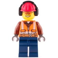 Construction Worker, Orange Safety Vest with Zipper over Reddish Brown Shirt, Dark Blue Legs, Red Hard Hat with Ear Defenders, Orange Safety Glasses (fig-008273)