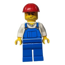 Man, Blue Overalls over White V-Neck Shirt, Red Hard Hat, Stubble and Scar (3626c Head) (fig-008275)