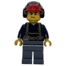 Construction Worker, Dark Blue Shirt with Harness, Red Hard Hat with Ear Defenders, Sweat Drops (fig-008276)