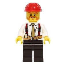 Construction Worker, White Shirt with Tie and Suspenders, Red Hard Hat, Mutton Chops and Moustache (fig-008277)