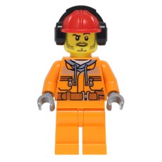 Construction Worker, Safety Jacket over Hoodie with Belt, Orange Legs, Red Hard Hat with Ear Defenders, Stubble (fig-008278)