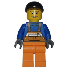 Construction Worker, Orange Overalls over Blue Sweater, Black Cap (fig-008279)