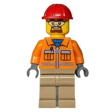 Construction Worker, Orange Jacket with Zipper and Reflective Stripes, Dark Tan Legs, Red Hard Hat, Goatee Beard and Safety Glasses (fig-008280)
