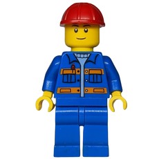 Construction Worker, Blue Jacket with Orange Stripes, Blue Legs, Red Hard Hat (fig-008281)