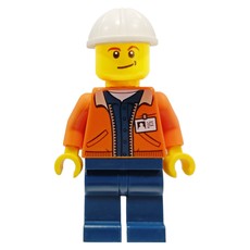 Miner, Open Orange Jacket with ID Badge, White Hard Hat (fig-008282)