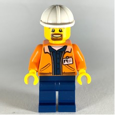 Miner, Open Orange Jacket with ID Badge, White Hard Hat, Goatee Beard (fig-008283)