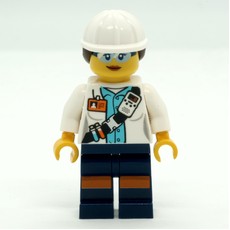 Miner, Woman, Open White Jacket with Shoulder Belt and ID Badge, White Hard Hat with Hair, Safety Glasses (fig-008285)