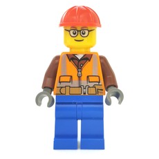 Construction Worker, Orange Safety Vest with Zipper over Reddish Brown Shirt, Blue Legs, Red Hard Hat, Glasses (fig-008291)