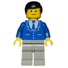 Man, Blue Jacket with Tie and Three Buttons, Light Gray Legs, Black Hair (fig-008297)