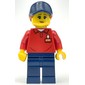 LEGOLAND Employee, Red Torso, Dark Blue Legs, Dark Blue Cap, Reddish Brown Hair