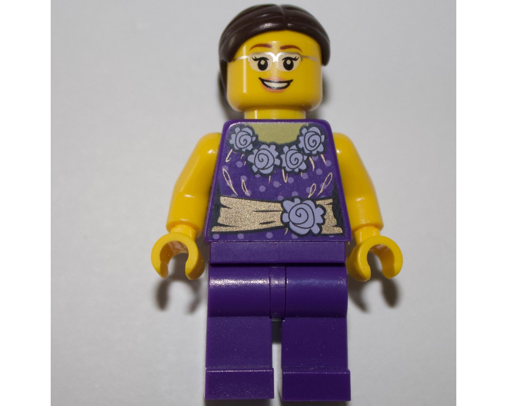 NEW Lego City FEMALE MINIFIG Girl w/Gold Purple Flower Torso Brown