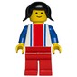 Woman, White Top with Large Red Stripe and 2 Blue Stripes, Red Legs, Black Hair