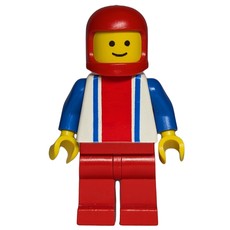 Man, White Top with Large Red Stripe and 2 Blue Stripes, Red Legs, Red Helmet (fig-008483)