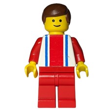 Man, White Top with Large Red Stripe and 2 Blue Stripes, Red Legs, Brown Hair (3626b Head) (fig-008499)