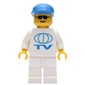 Man, White Shirt with TV Logo, Blue Cap, Sunglasses