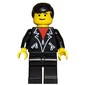 Man, Open Black Jacket over Red Shirt, Black Legs, Black Hair, Eyebrows