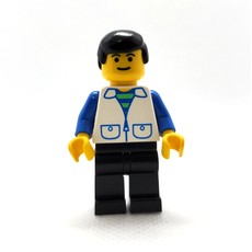 Man, Open White Vest over Blue and Green Striped Shirt, Black Legs, Black Hair (fig-008615)