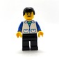 Man, Open White Vest over Blue and Green Striped Shirt, Black Legs, Black Hair