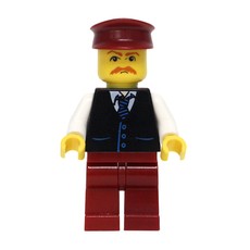 Man, Black Vest over White Shirt with Tie, Dark Red Legs, Dark Red Hat, Moustache (fig-008633)