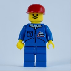 Construction Worker, Blue Jacket with Zipper and Bulldozer Badge, Blue Legs, Red Cap, Moustache (fig-008646)