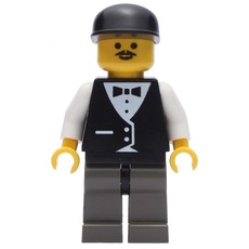 Man, Black Vest over White Shirt with Tie, Dark Gray Legs, Black Cap, Moustache (fig-008652)