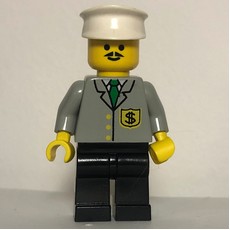 Banker, Light Gray Jacket with Badge and Tie, Black Legs, White Hat, Moustache (fig-008663)