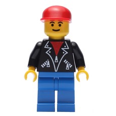 Man, Open Black Jacket over Red Shirt, Blue Legs, Red Cap (fig-008664)