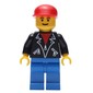 Man, Open Black Jacket over Red Shirt, Blue Legs, Red Cap