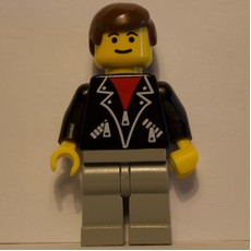 Man, Open Black Jacket over Red Shirt, Light Gray Legs, Brown Hair (fig-008683)